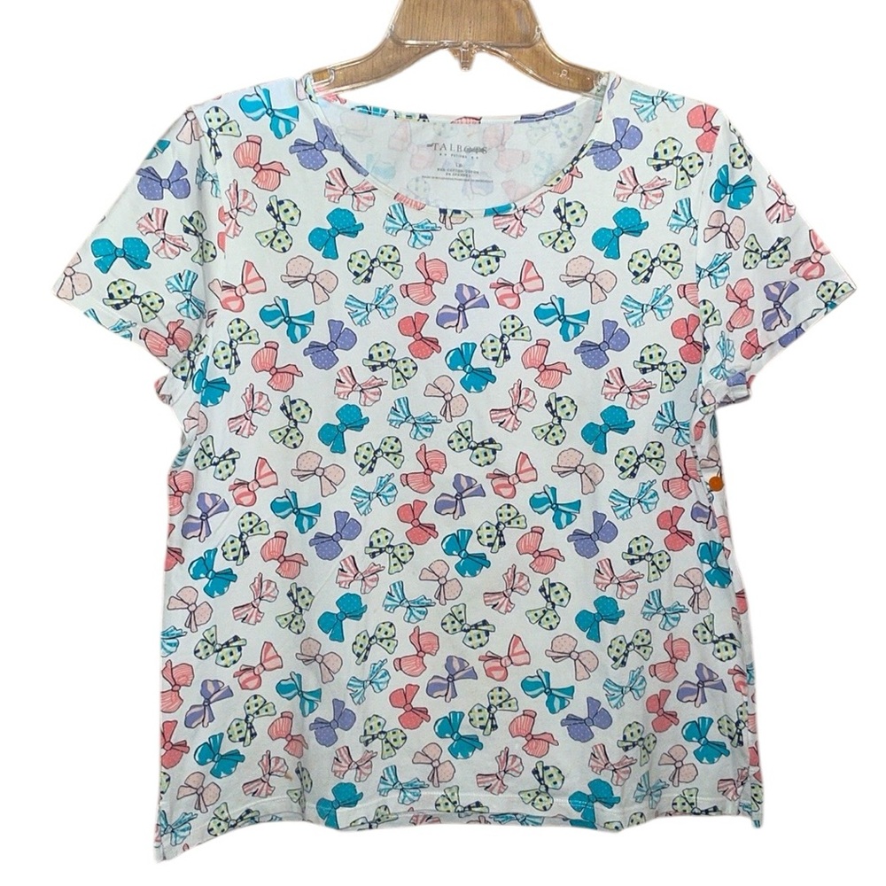 •TALBOTS•MULTI-COLORED BOW SCOOPNECK SHORT SLEEVE TOP SIZE PETITE LARGE EUC